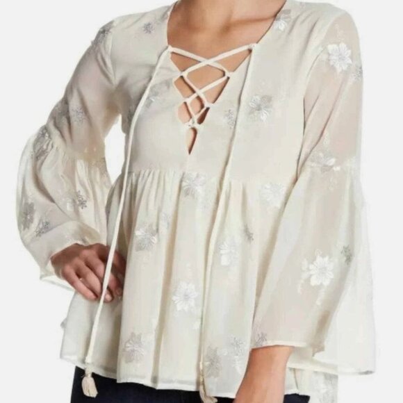 Show Me Your MuMu Tops - Show Me Your Mumu | Poet Metallic Embroidered Ivory Peasant Blouse | Size Medium